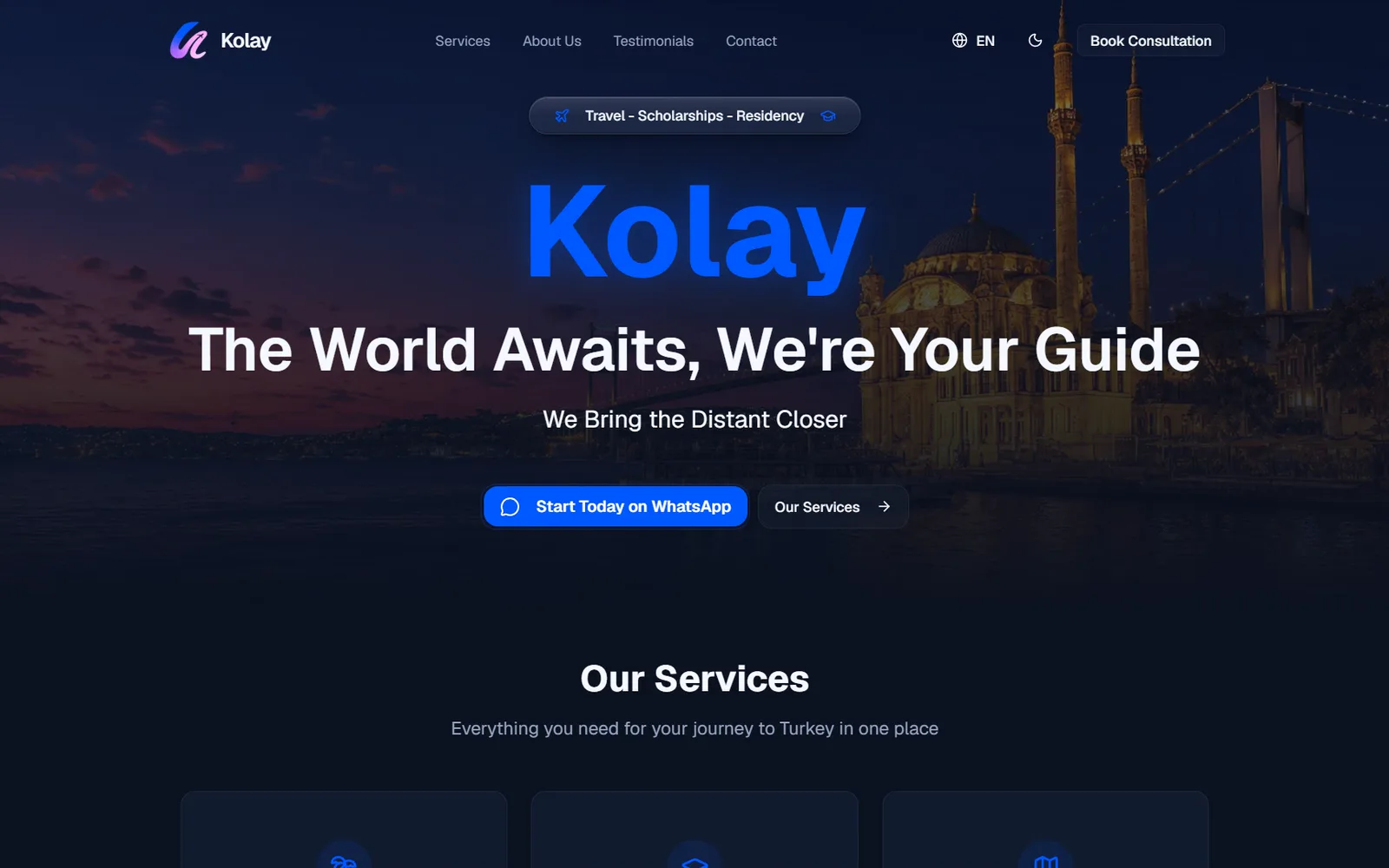 The Kolay homepage over an Istanbul skyline at dusk with a prominent WhatsApp call to action.